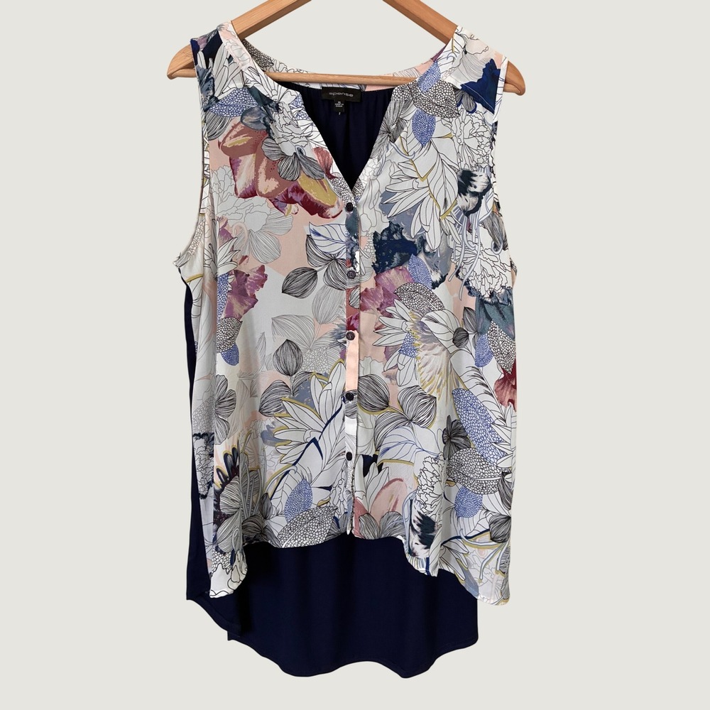 Spense Womens XL Floral Sleeveless Blouse Navy Blue High Low Button Front Top
